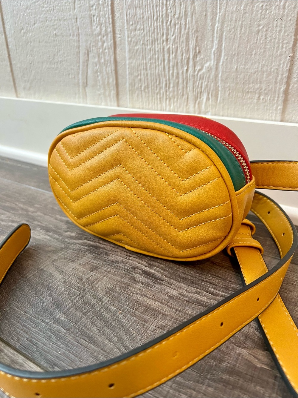 Yellow Quilted Crossbody Belt Bag with Red & Green Trim